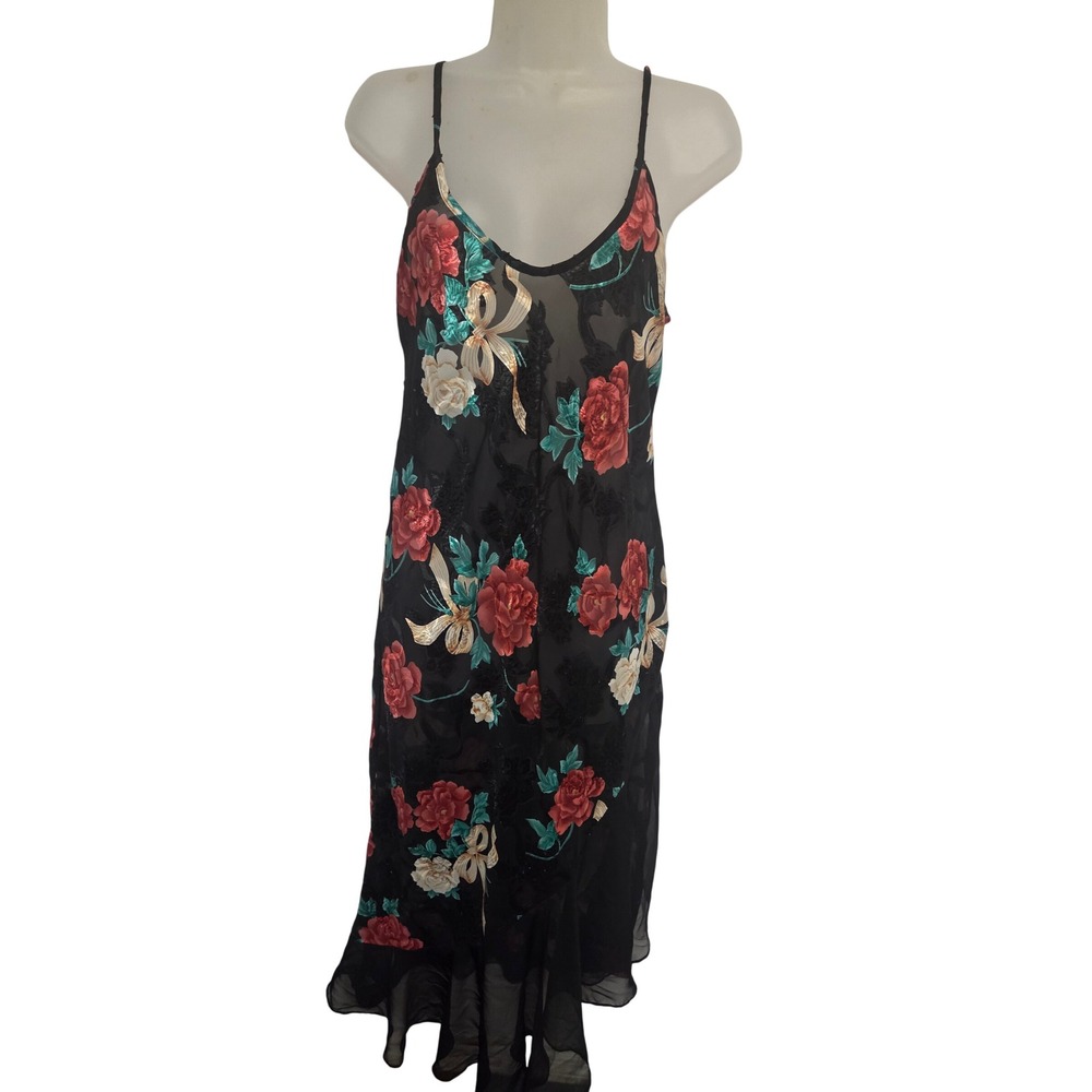Vintage 90s Y Apparel USA Black‎ Floral Sheer Slip Dress M M